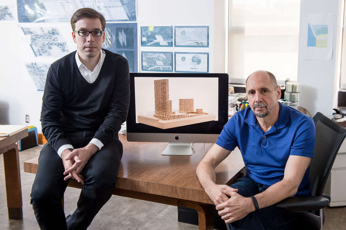 Research on mass timber construction by Jesús Vassallo, left, Rice's Gus Wortham Assistant Professor of Architecture, and Albert Pope, the Gus Wortham Professsor of Architecture, encouraged Rice University to consider the technique in plan to update Hanszen College. The university won a U.S. Forest Service grant to facilitate planning and approval of the proposed structure.