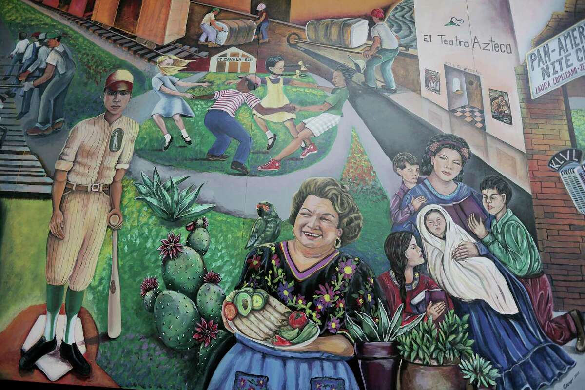 A detail of new mural titled "Mexican-American History & Culture in 20th Century Houston" by artists Jesse Sifuentes and Laura Lopez Cano in Sam Houston Park on Thursday, Sept. 6, 2018 in Houston. The mural features contributions and significant figures in Houston's Mexican-American history.