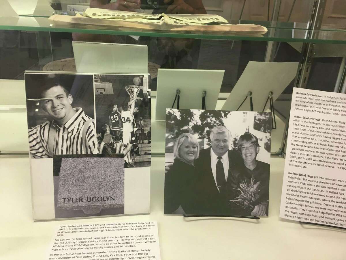 The Ridgefield Historical Society's September 11 display case inside Town Hall.