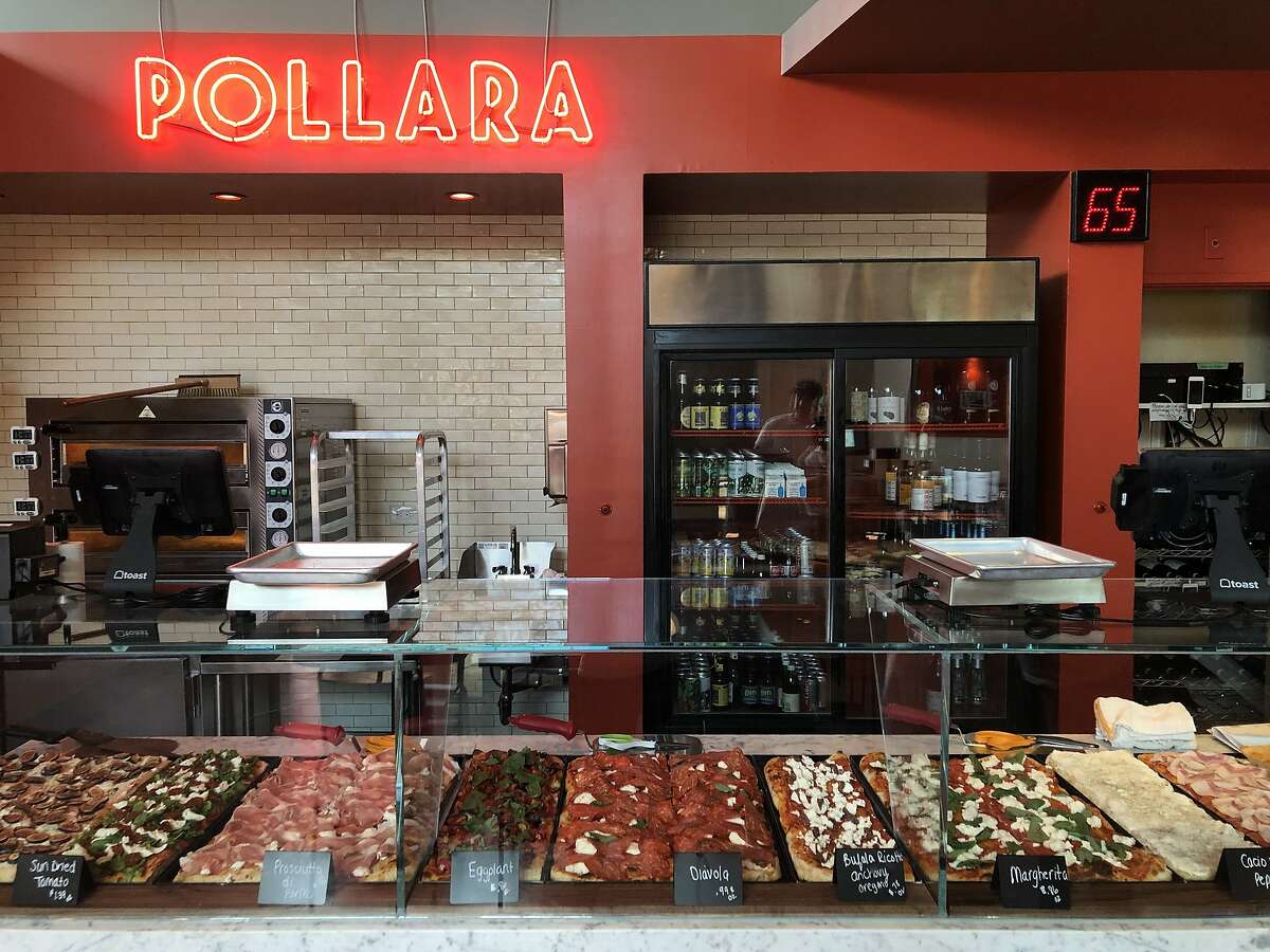 Pollara Pizzeria specializes in Roman-style pizza al taglio. Before the pandemic, the restaurant displayed all of its pizzas behind a glass counter, where customers could order custom-size slices.