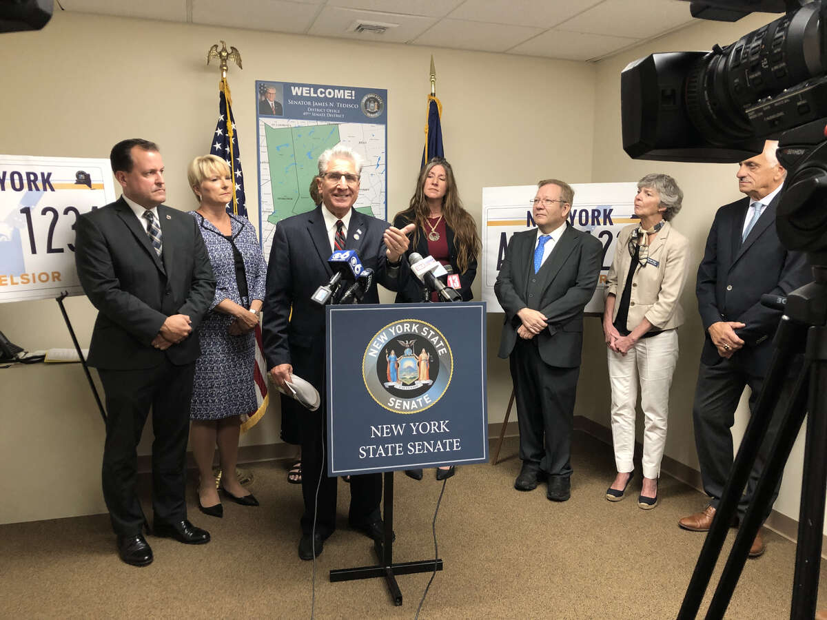 GOP lawmakers push back on "plate-gate tax" during a news conference on Wednesday, Sept. 4, 2019, at the district headquarters of state Sen. James Tedisco. (Cayla Harris / Times Union)