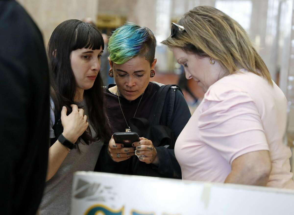 Friends of Max Harris react after the verdict in the Ghost Ship warehouse fire at the Alameda County Superior Court in Oakland, Calif., on Thursday, September 5, 2019.