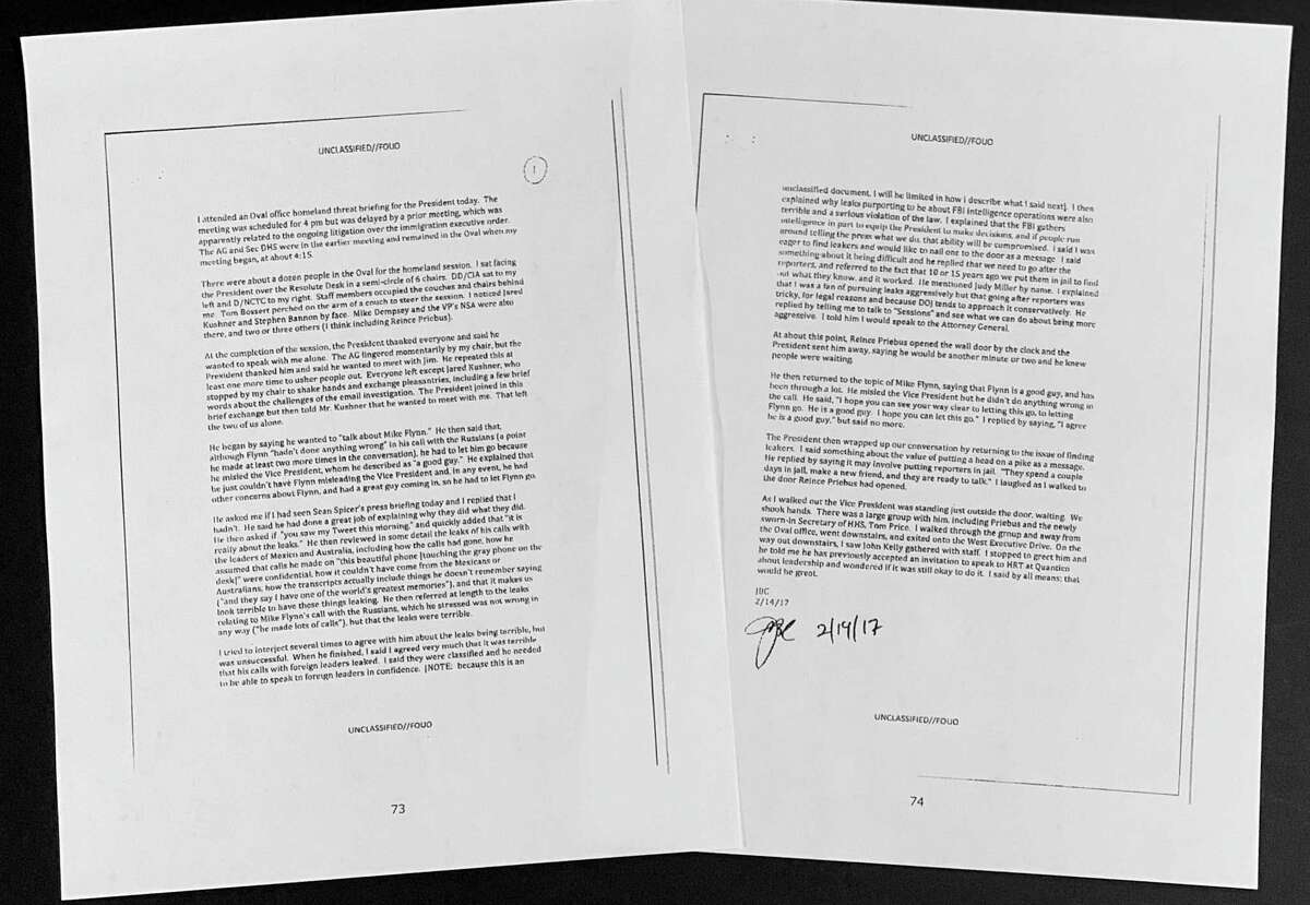 A Feb. 14, 2017, memo that then-FBI director James Comey wrote after meeting with President Donald Trump, that was in the report from the Office of the Inspector General at the U.S. Justice Department is photographed Thursday, Aug. 29, 2019, in Washington. Former FBI Director James Comey violated FBI policies in his handling of memos documenting private conversations with President Donald Trump, the Justice Department's inspector general said. (AP Photo/Jon Elswick)