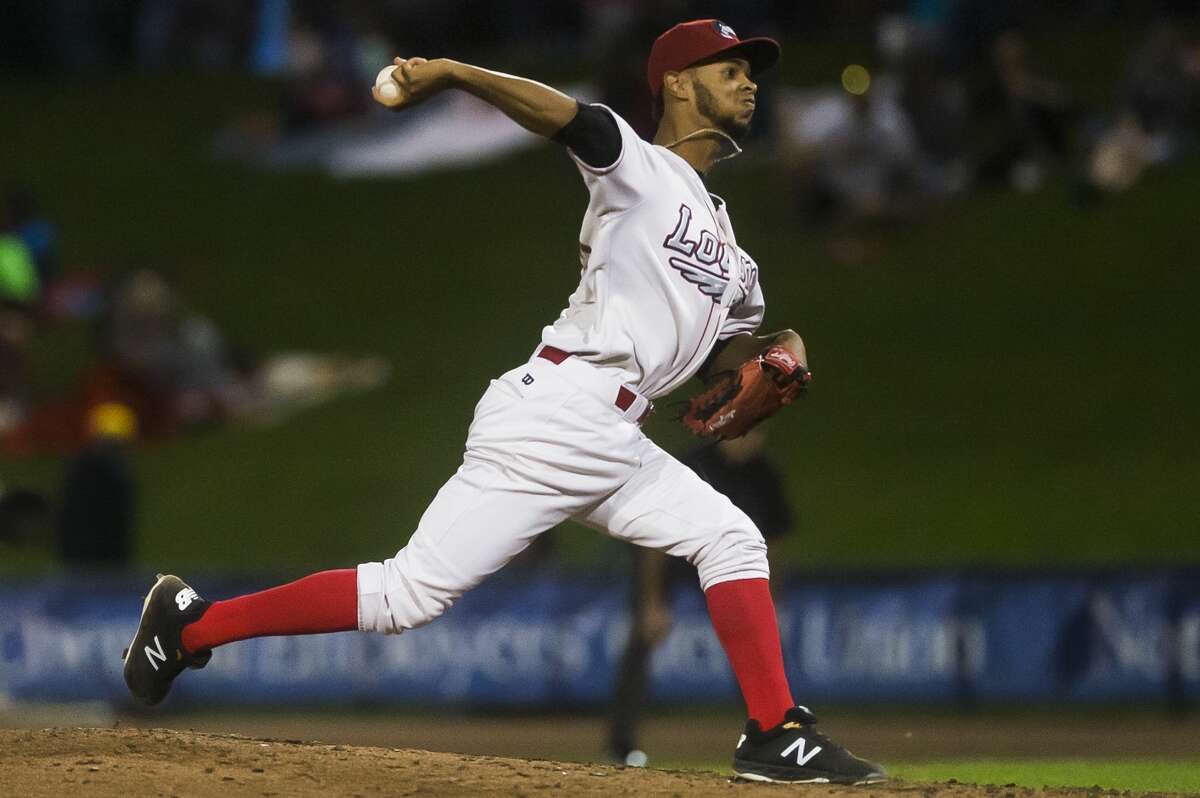 Loons pitcher Edward Cuello pitches the ball during a Midwest League playoff series game against the Lake County Captains Thursday, Sept. 5, 2019 at Dow Diamond. (Katy Kildee/kkildee@mdn.net)