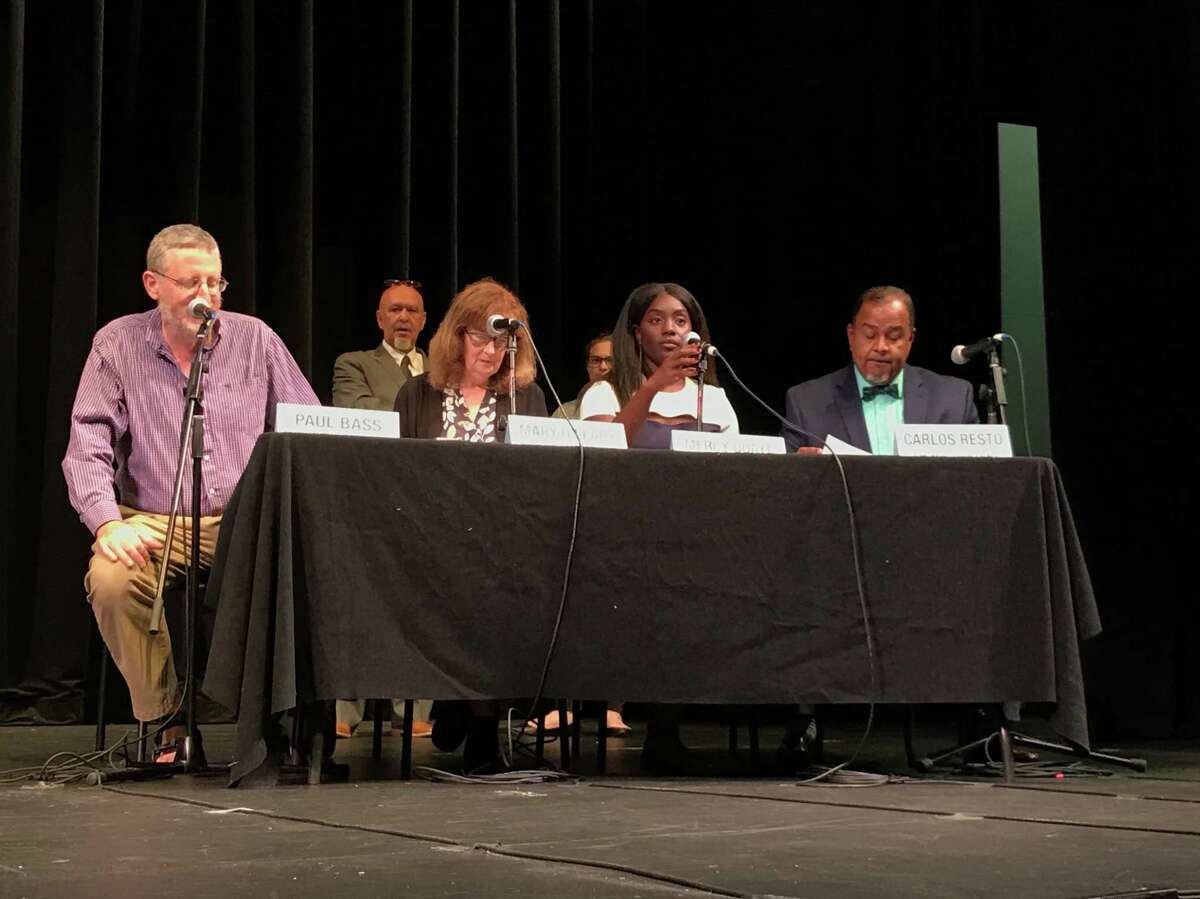 Mayoral debate panelists Paul Bass, Mary O'Leary, Mercy Quaye and Carlos Resto on Sept. 5, 2019.