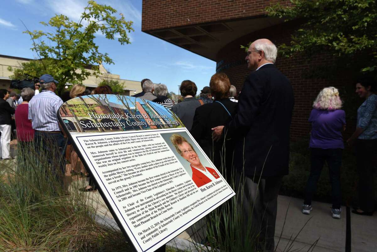 A new plaque remembering former Schenectady mayor Karen Johnson was unveiled during a dedication ceremony renaming Schenectady's Central Branch Library as the Honorable Karen B. Johnson Schenectady County Public Library on Friday, Sept. 6, 2019, in Schenectady, N.Y. (Will Waldron/Times Union)