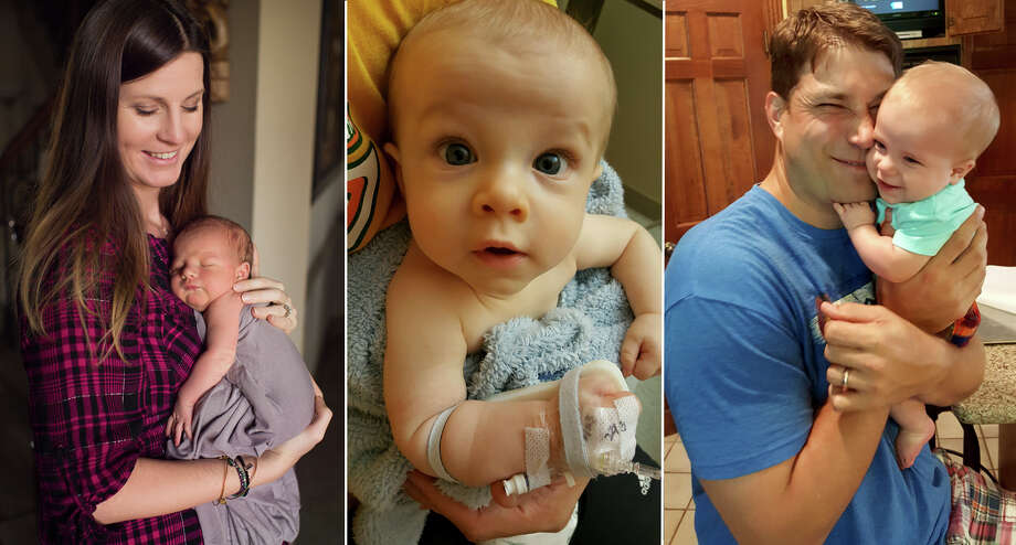 (Left) Newborn Tristan and his mother Ann Marie Timmerman. (Center) Tristan at Children’s Memorial Hermann on May 23, 2016, the day before CPS took custody. (Right) Tim Timmerman holds his son Tristan in July 2016 during a supervised visit. (Courtesy photos)