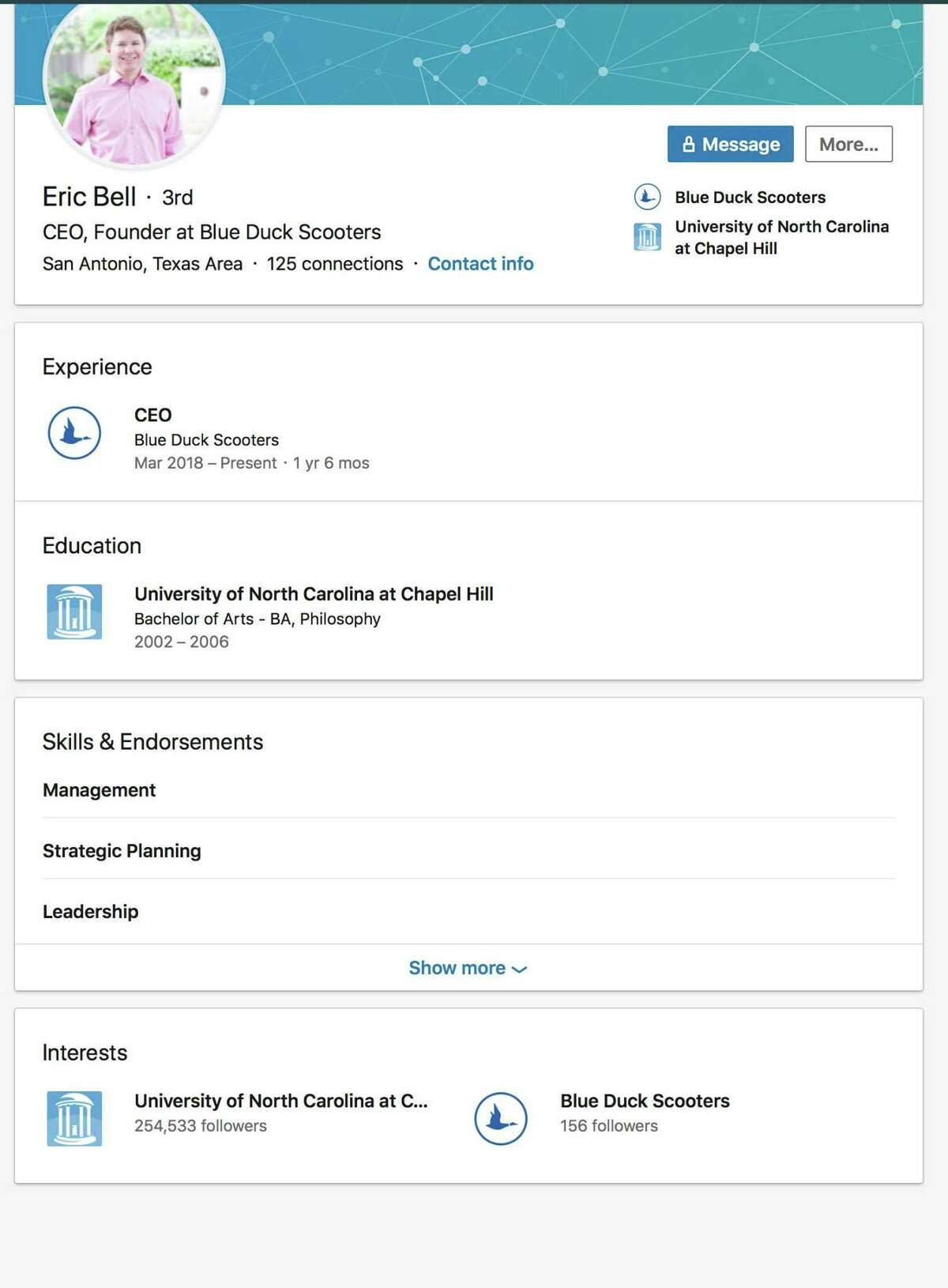 Eric Bell claimed to reporters and put on his LinkedIn page that he received a bachelor's in philosophy from The University of North Carolina at Chapel Hill. The registrar's office there has no record that he ever attended the school. After several inquiries to Bell went unanswered, all mention of the degree and UNC were removed from the page.