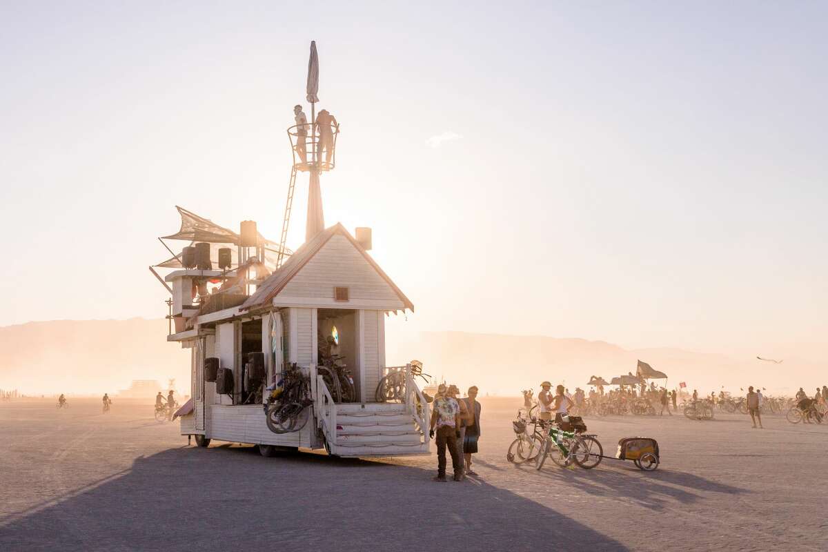 A mutant vehicle titled The Church of the Open Mind, created by David Sotnick and displayed at Burning Man in the Black Rock Desert of Gerlach, Nevada.