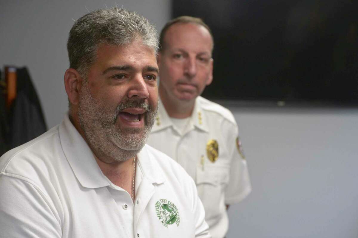 New Milford Mayor Pete Bass, left, and Police Chief Spencer Cerrito held a press conference to announce their plans to combat the towns opioid crisis. Friday afternoon, September 6, 2019, in New Milford, Conn.