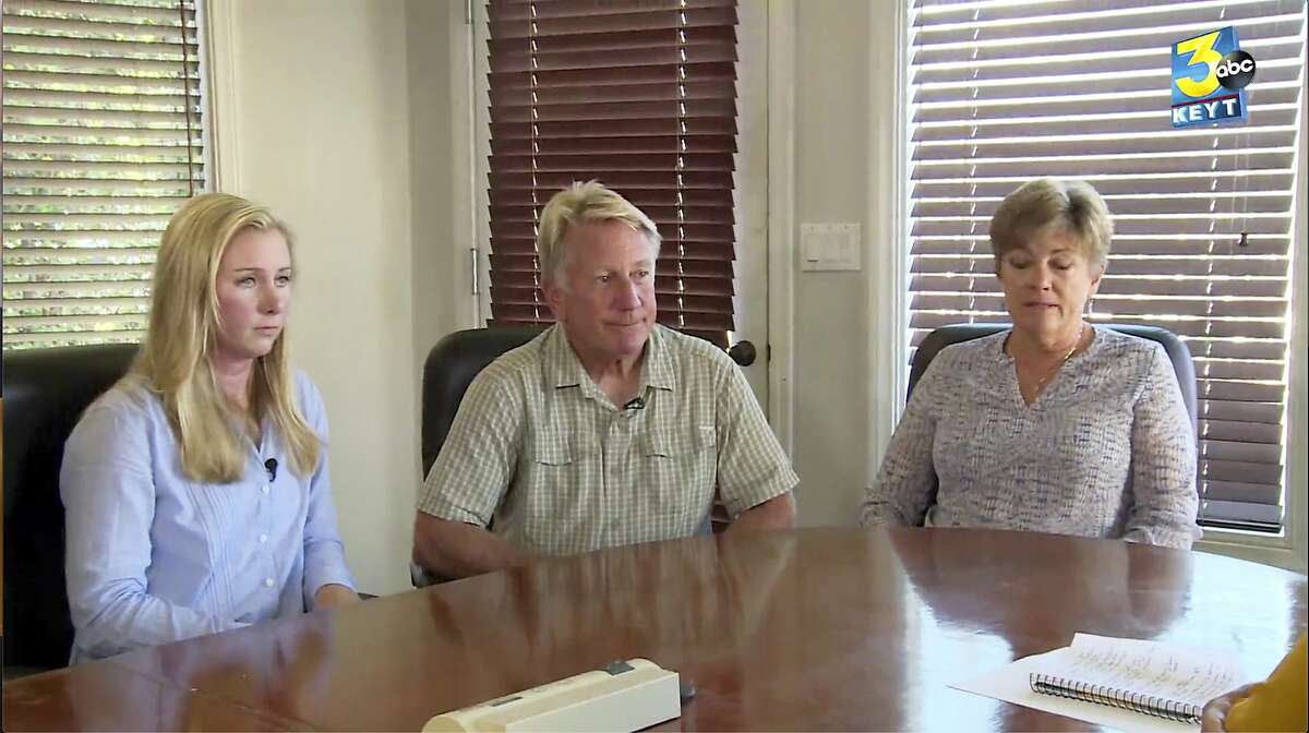 This photo from video provided by KEYT-TV shows the owners of Truth Aquatics and the dive boat Conception, Glen and Dana Fritzler, right, and their daughter Ashley, left, during an interview with News Channel Three's Beth Farnsworth Thursday, Sept. 5, 2019 in Santa Barbara, Calif. They say they are beyond devastated by the tragedy that took 34 lives on the Conception. The small, family owned company has been in business for 45 years, is known throughout the world and is well-known in Santa Barbara. (KEYT-TV via AP)