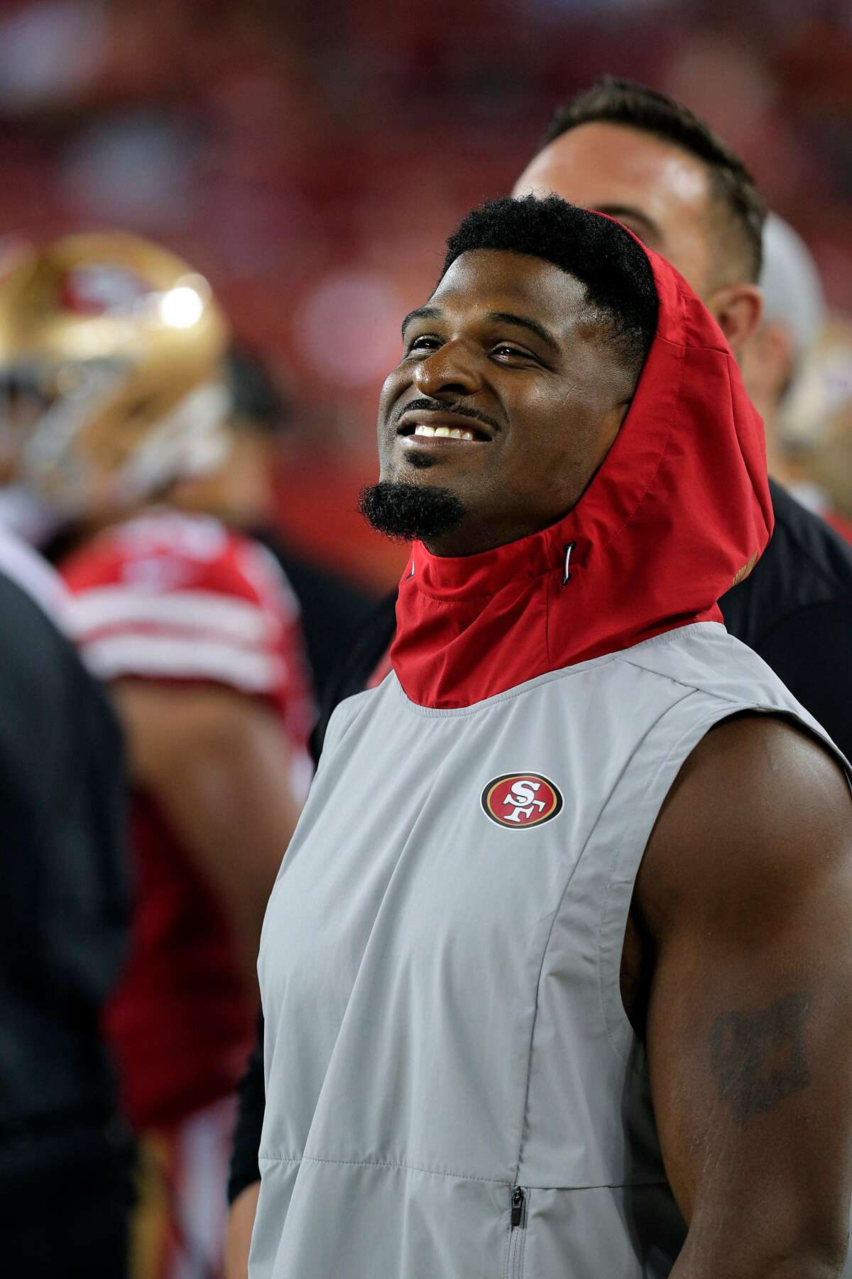 49ers's Dee Ford (55) on the sidelines as the San Francisco 49ers played the Los Angeles Chargers in a preseason NFL game at Levi’s Stadium in Santa Clara, Calif., on Thursday, August 29, 2019.