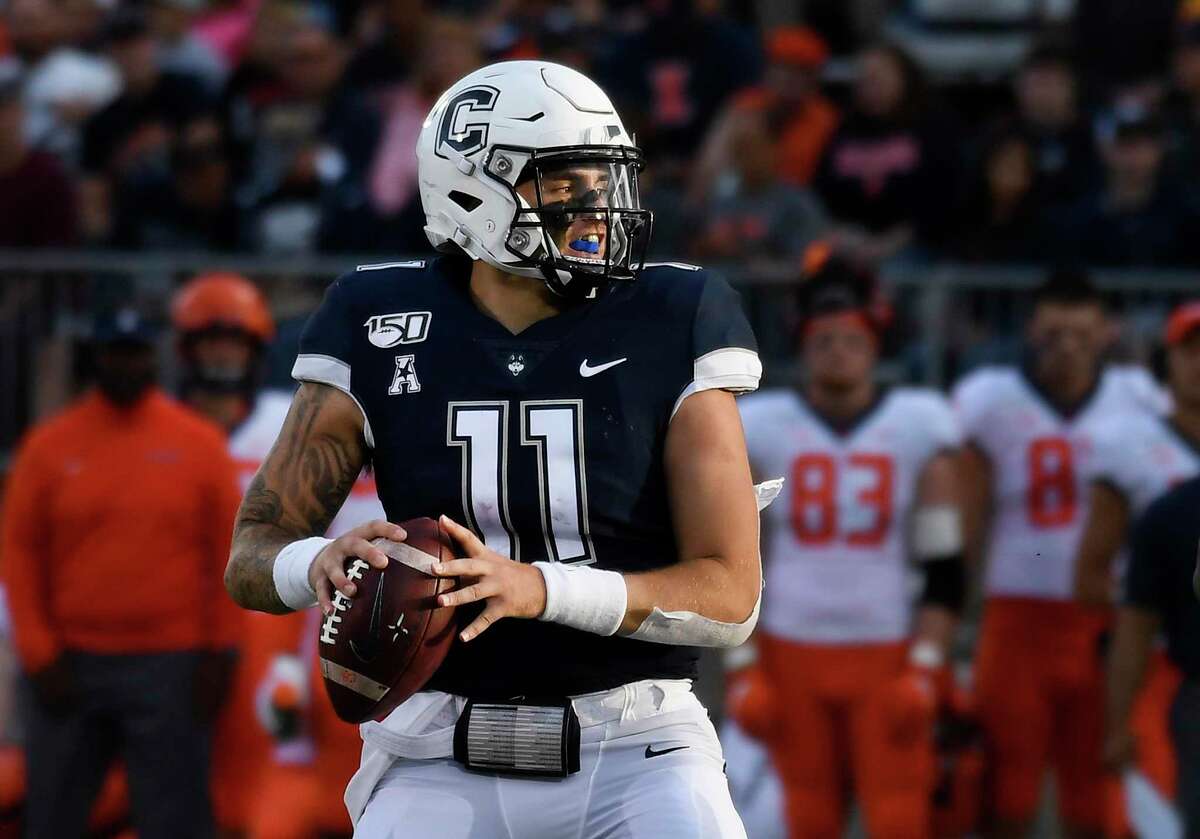 UConn quarterback Jack Zergiotis (11) looks to throw during the second half of an NCAA college football game, Saturday, Sept. 7, 2019, in East Hartford.