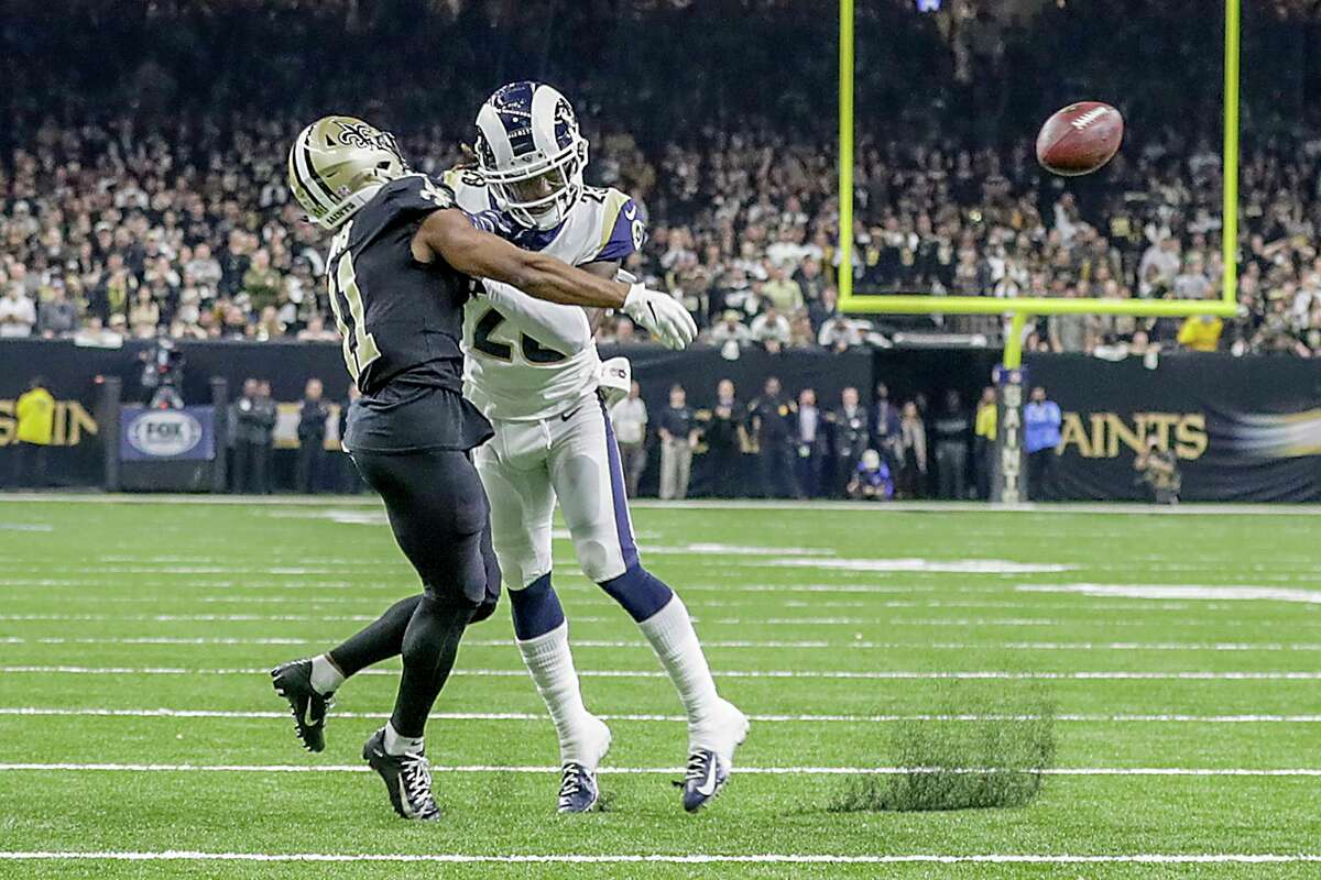 After a controversial end to their last season, the New Orleans Saints hope to begin a redemptive season against the Texans on Monday. Pictured: Los Angeles Rams cornerback Nickell Robey-Coleman delivers an early hit to New Orleans Saints receiver Tommylee Lewis, left, late in the fourth quarter, thwarting a potential game-winning drive during the NFC Championship game on January 20, 2019, at the Superdome in New Orleans.