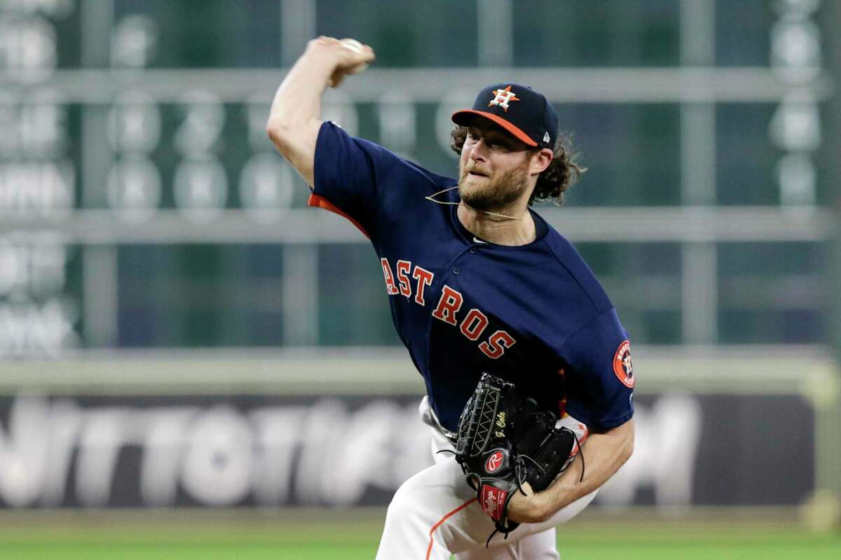 Gerrit Cole (45) of the Houston Astros pitches in the eighth inning against the Seattle Mariners at Minute Maid Park on September 8, 2019 in Houston, Texas.