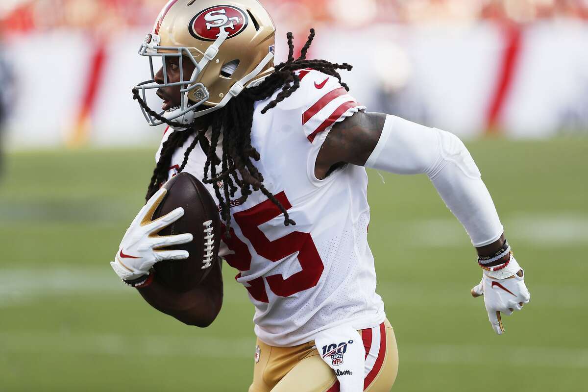 San Francisco 49ers cornerback Richard Sherman (25) runs witht he ball after a fumble during the second half an NFL football game, Sunday, Sept. 8, 2019, in Tampa, Fla. (AP Photo/Mark LoMoglio)