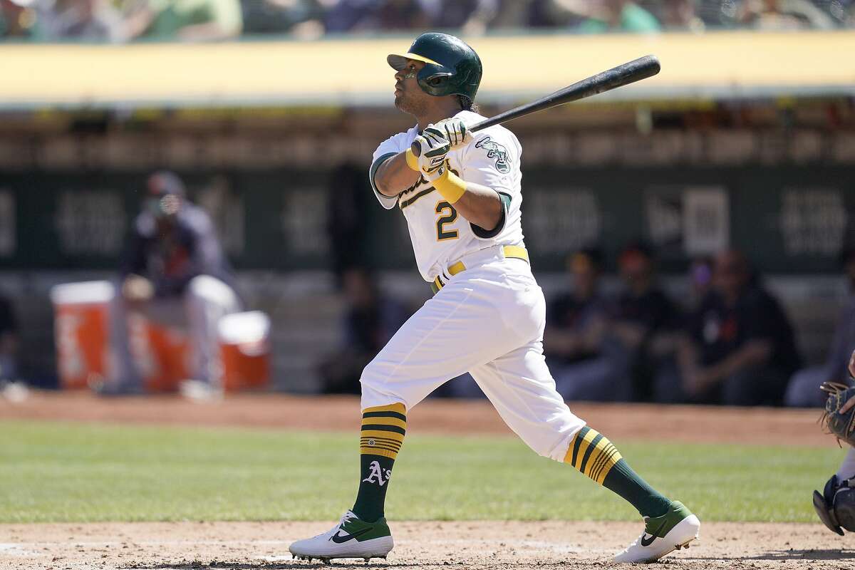 Oakland Athletics' Khris Davis (2) hits a double to drive in two runs against the Detroit Tigers during the fourth inning of a baseball game Sunday, Sept. 8, 2019, in Oakland, Calif. (AP Photo/Tony Avelar)