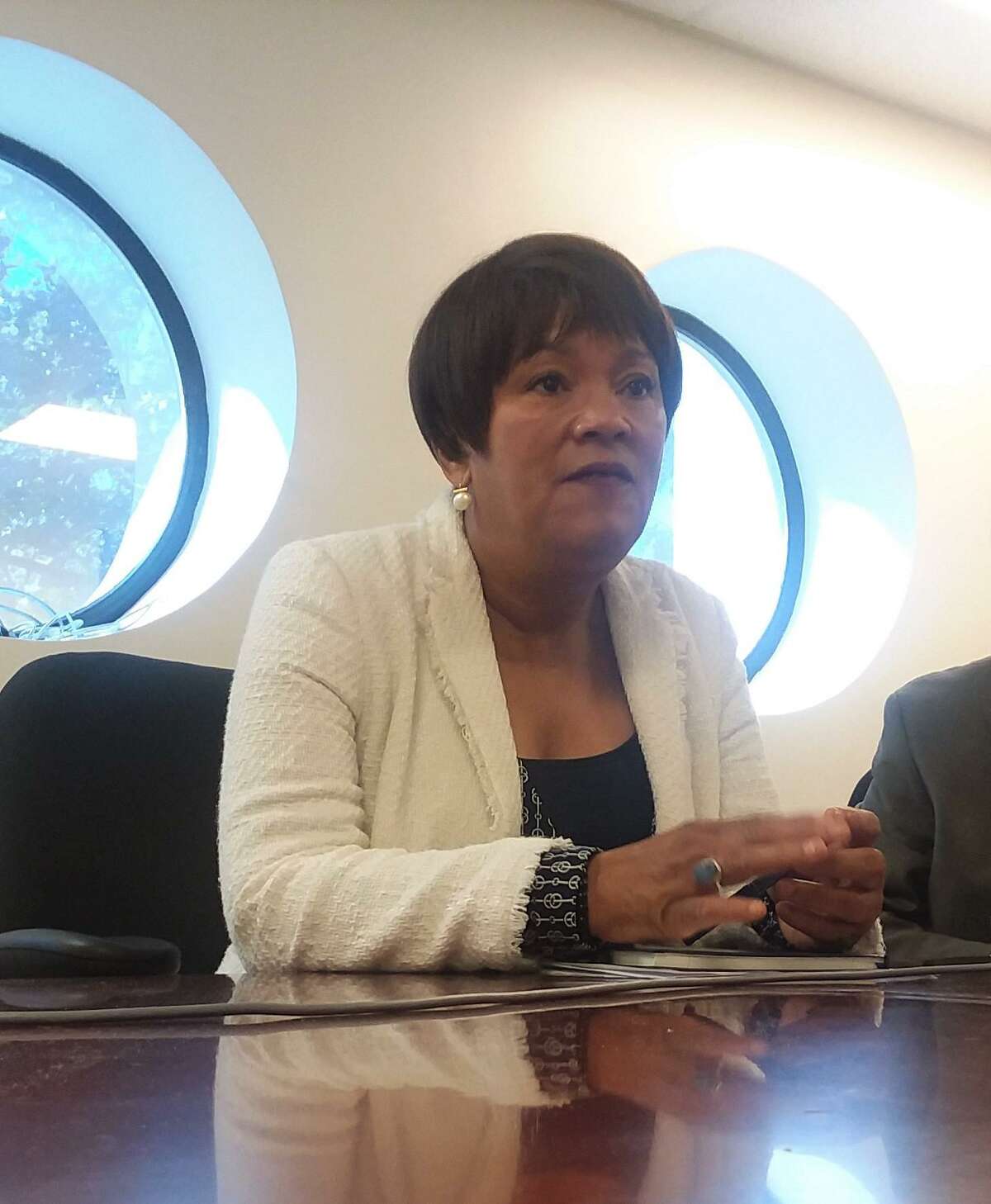 New Haven Mayor Toni N. Harp speaks to the New Haven Register Editorial Board before the 2019 primary.