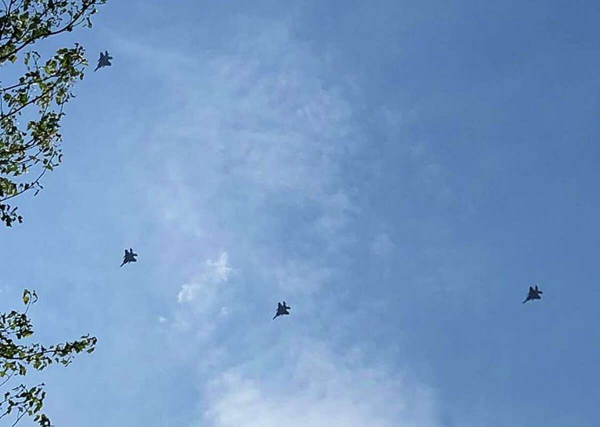 For about about 30 minutes, four F-15 fighter jets practiced for a planned flyover of Arthur Ashe Stadium for the U.S. Open finals in Queens on Sunday, Sept. 8, 2019. The jets - with Connecticut-made Pratt and Whitney engines - have top speed of 1,875. mph. While they didn’t fly that fast over Fairfield County, the jets did create a stir.