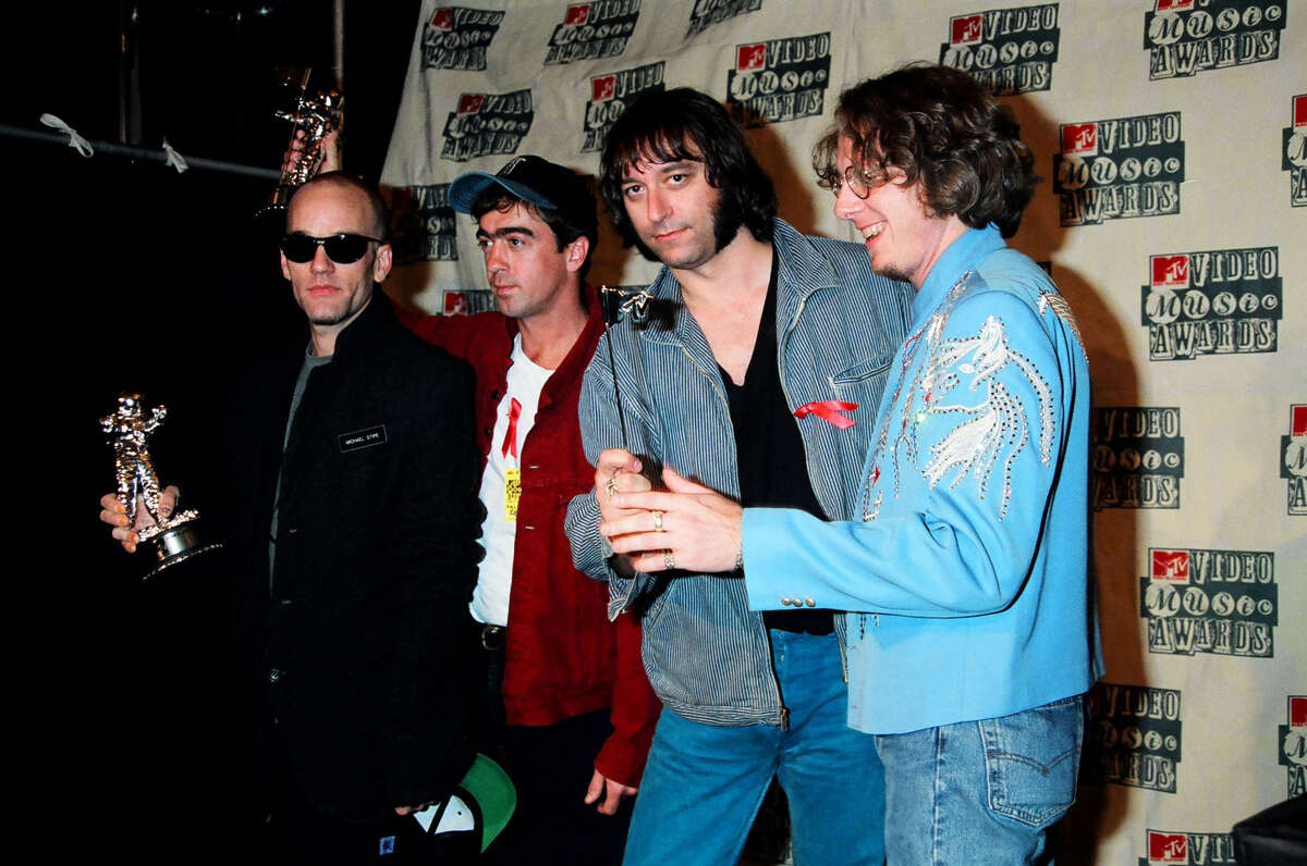 Michael Stipe, Bill Berry, Peter Buck and Mike Mills of R.E.M. are seen during the 1994 MTV Video Music Awards. 