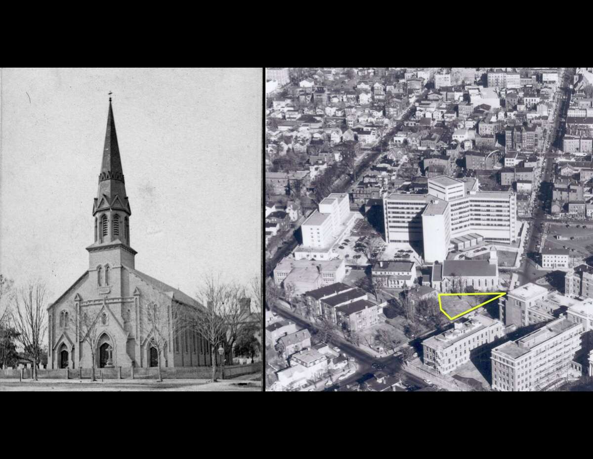 Left: Headstones were visible in this 1870 image of St. John’s Church. Right: An aerial view of St. John’s in the 1950s shows that the headstones have been removed.