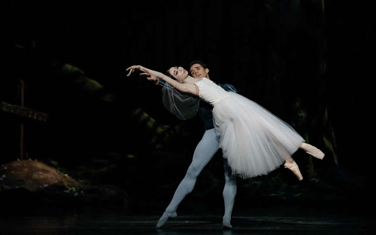 Albrecht (Connor Walsh) carries the lifeless spirit of Giselle (Yuriko Kajiya) back to her grave in Act II of Houston Ballet's "Giselle."