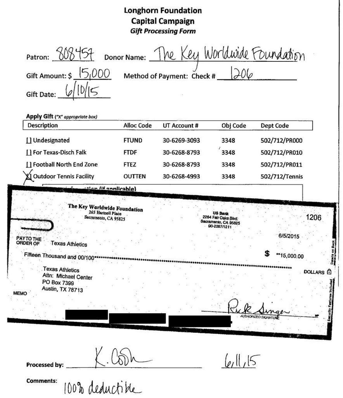 A redacted document obtained from the Houston Chronicle shows that William "Rick" Singer donated $15,000 from the Key Worldwide Foundation, his purported charity behind the college admissions scandal, to University of Texas at Austin's Texas Athletics in 2015. The donation, a check noted as 100 percent deductible, was for an outdoor tennis facility and was the only donation UT-Austin had record of in March 2019 following the breaking news of the college scandal, according to the university. Federal tax documents from 2015 and 2016, however, showed the foundation had a total of more than $500,000, prompting the school to do an internal investigation.