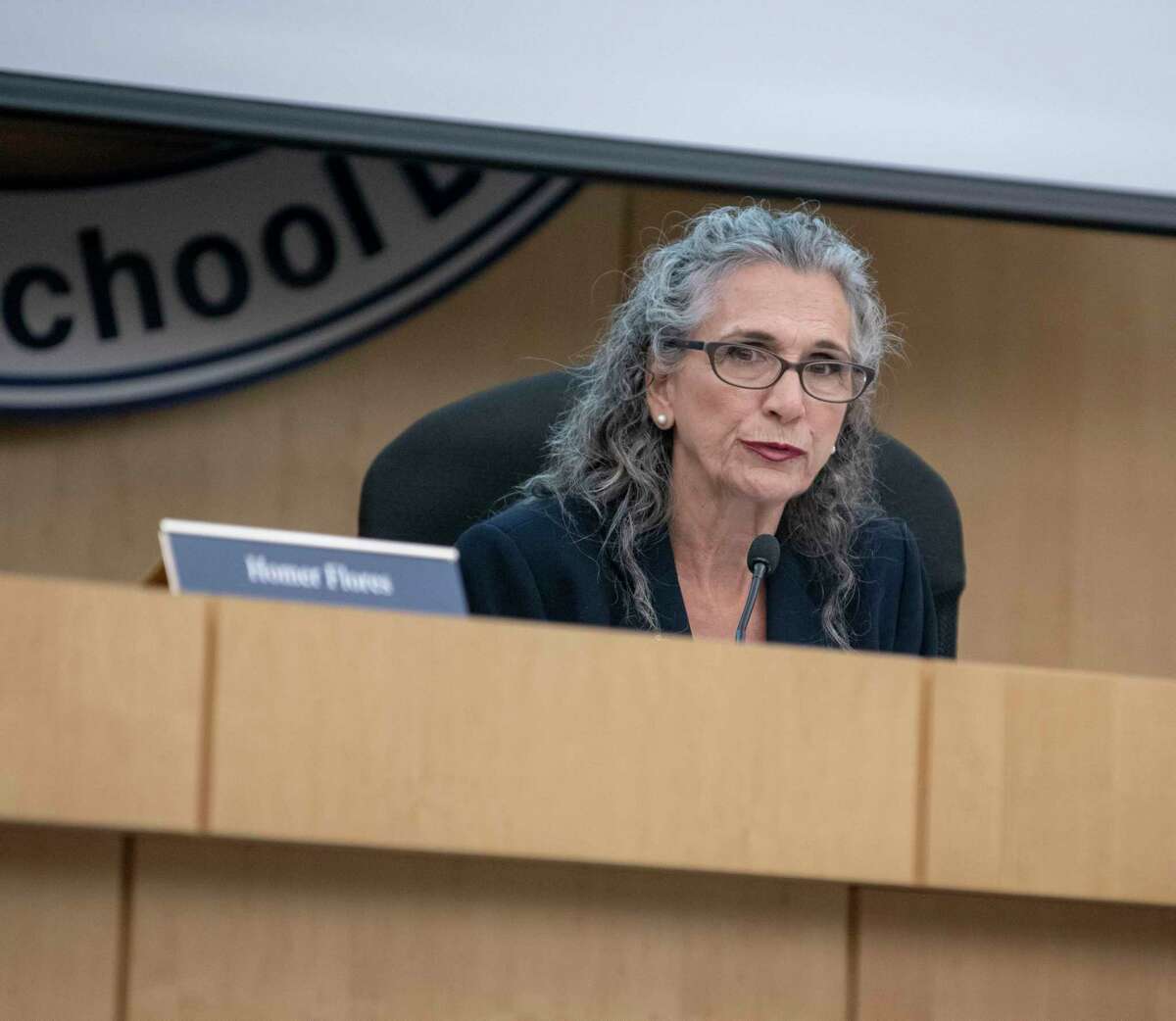 South San ISD school board president Connie Prado, center, listens during a board meeting on Monday, Sept. 9, 2019.