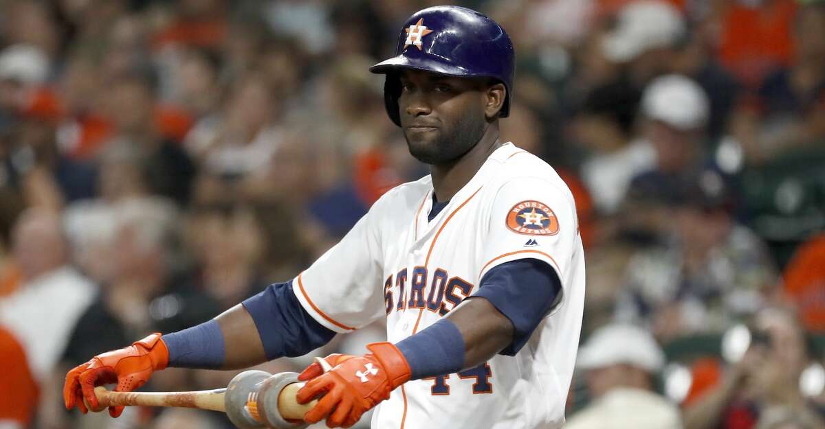 Houston Astros designated hitter Yordan Alvarez (44) waits in the on deck circle during the first inning of an MLB baseball game at Minute Maid Park, Monday, Sept. 9, 2019, in Houston.