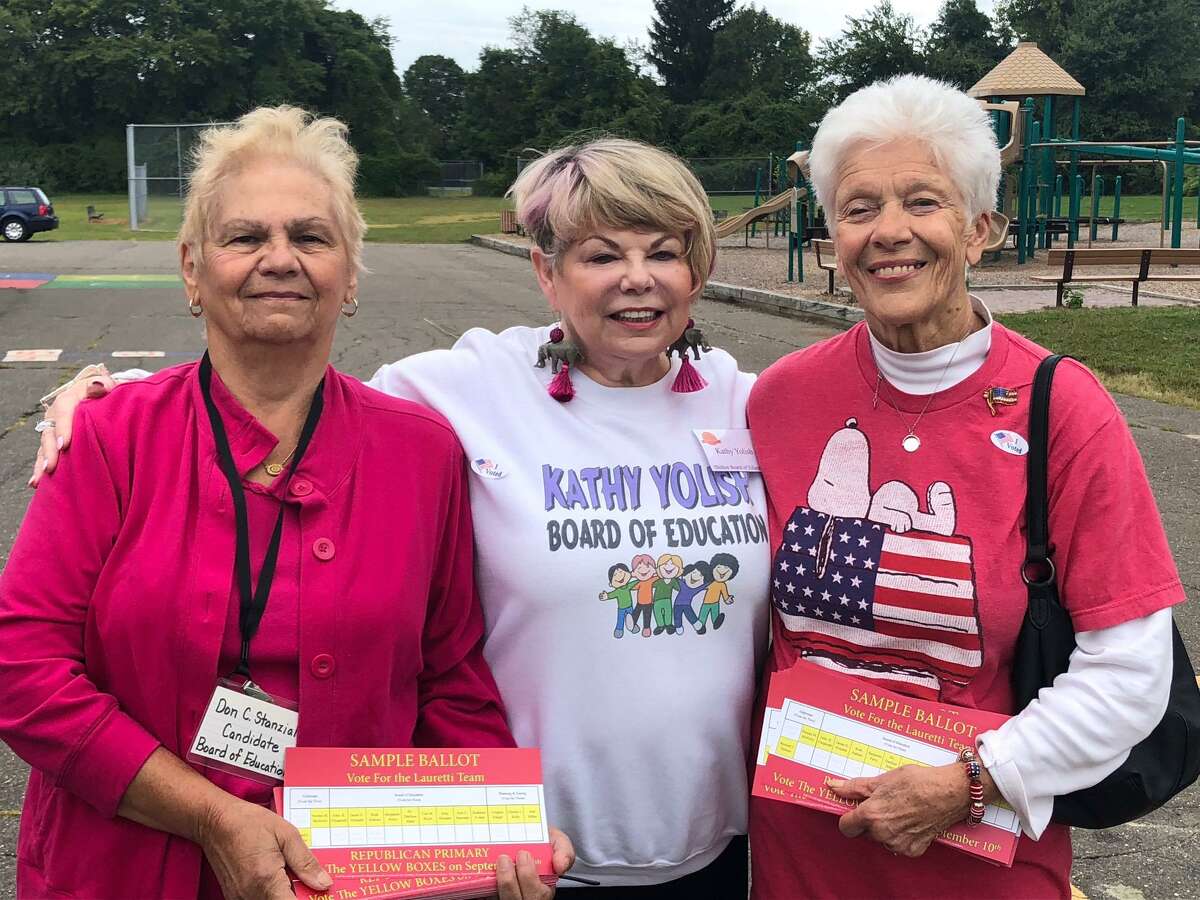 Board of Education incumbent Kathy Yolish, with Julia Markarian, left, and Jane Papa, right, at Mohegan School on Tuesday, Sept. 10, talking to residents voting in the Republican primary.