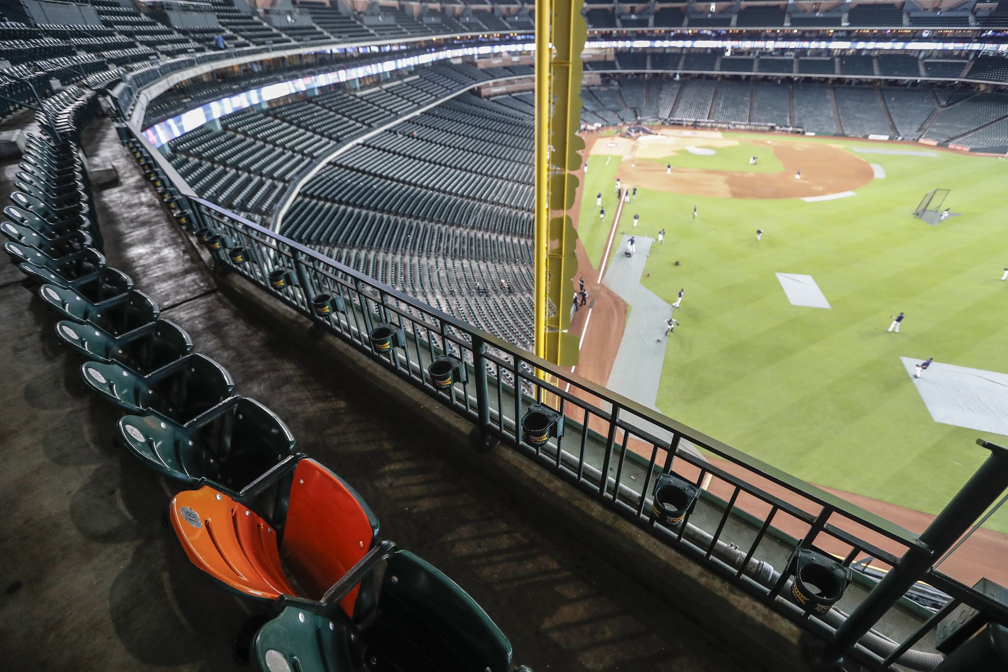 The seat that Houston Astros' Yordan Alvarez' upper deck home run landed in  Monday night is shown Tuesday, Sept. 10, 2019 after being wrapped in orange  vinyl by the Astros to mark