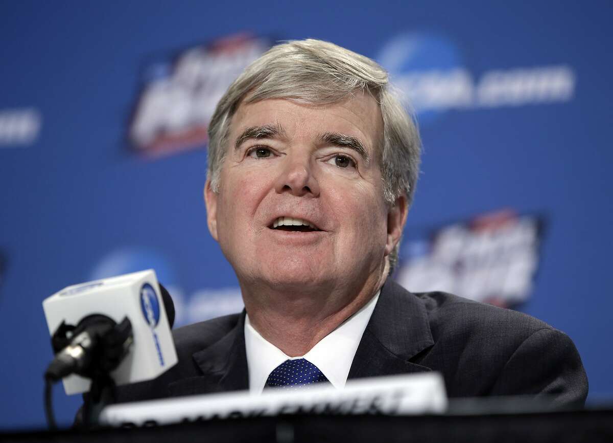 FILE - In this April 2, 2015, file photo, NCAA President Mark Emmert answers questions during a news conference at the Final Four college basketball tournament in Indianapolis. Though blocked from forming their own player unions, lawsuits filed by college athletes are still challenging longstanding NCAA rules capping pay. (AP Photo/Darron Cummings)