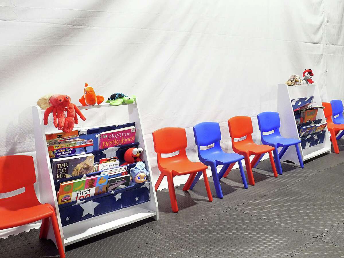 Stuff animals, story books and small chairs fill the Juvenile waiting area at the Migrant Protection Protocols Immigration Hearing Facilities in Laredo, Tuesday, September 10, 2019. The facility is schedule to open for hearings for immigrants seeking asylum on Monday, September 16, 2019.
