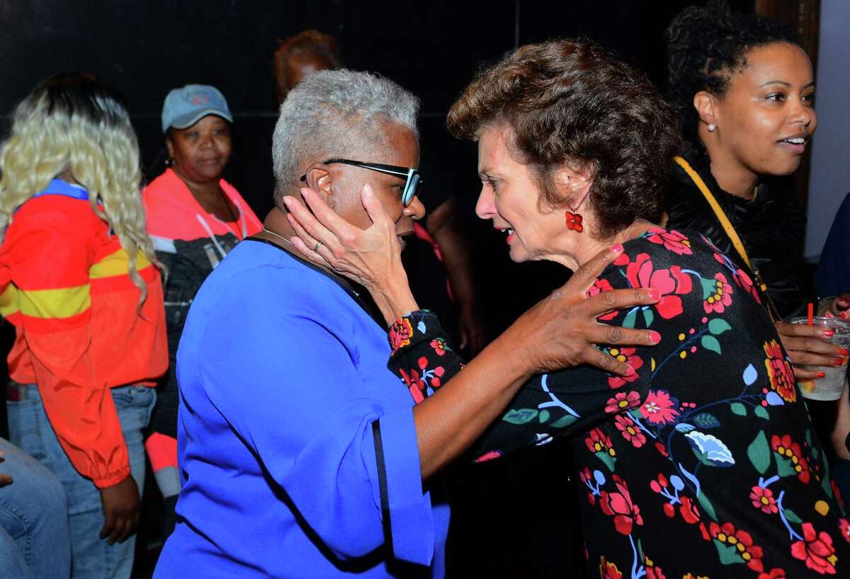 Supporter Donna Curran, of Bridgeport, right, consoles State Senator Marilyn Moore, left, after Moore unofficially lost her primary challenge against Mayor Joe Ganim during her campaign party at the Bijou Theater in Bridgeport, Conn., on Tuesday Sept. 10, 2019. Absentee ballots are holding up the final results.