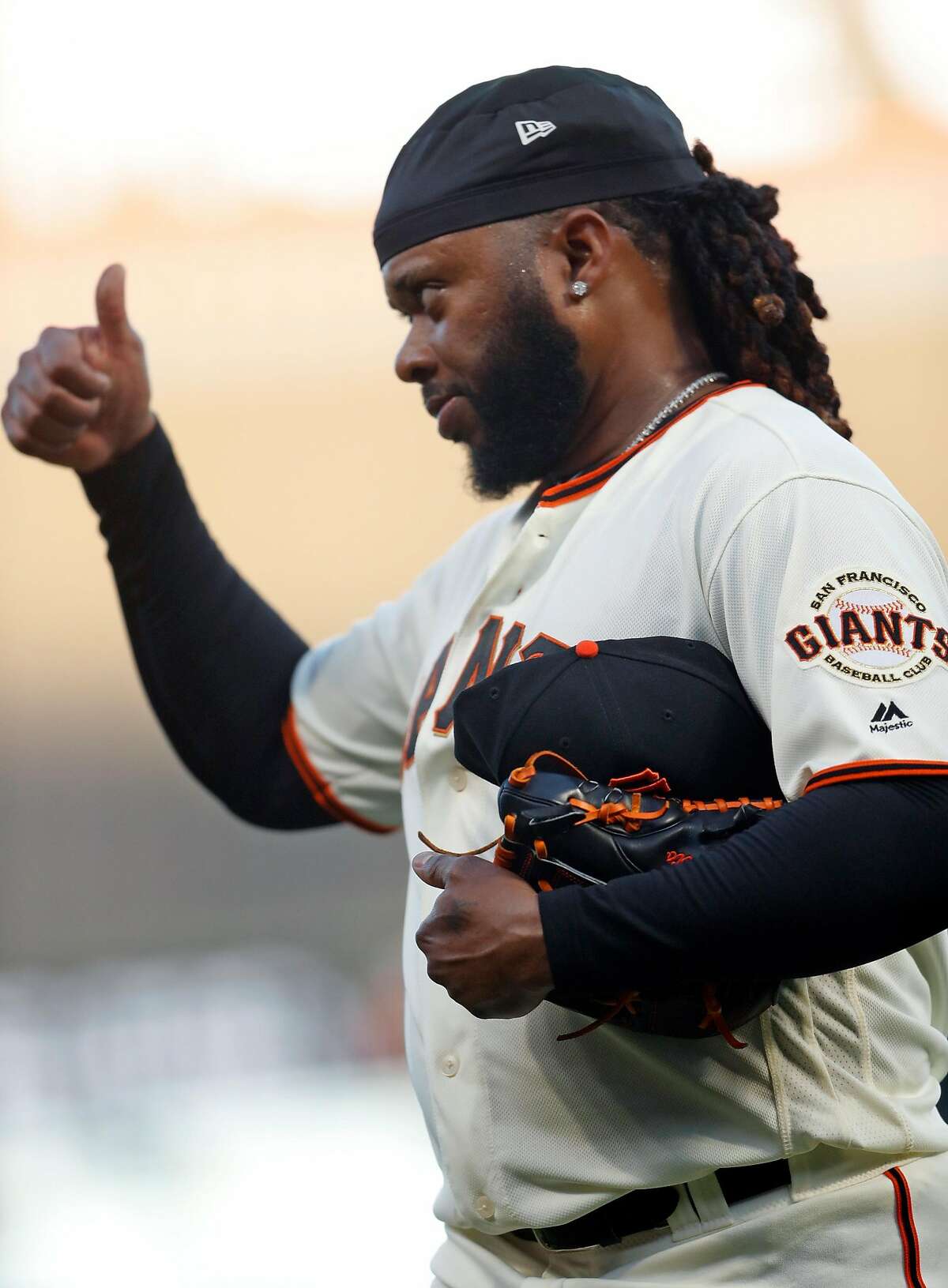 San Francisco Giants' Johnny Cueto reacts to retiring the side in 1st inning against Pittsburgh Pirates during MLB game at Oracle Park in San Francisco, Calif., on Tuesday, September 10, 2019.