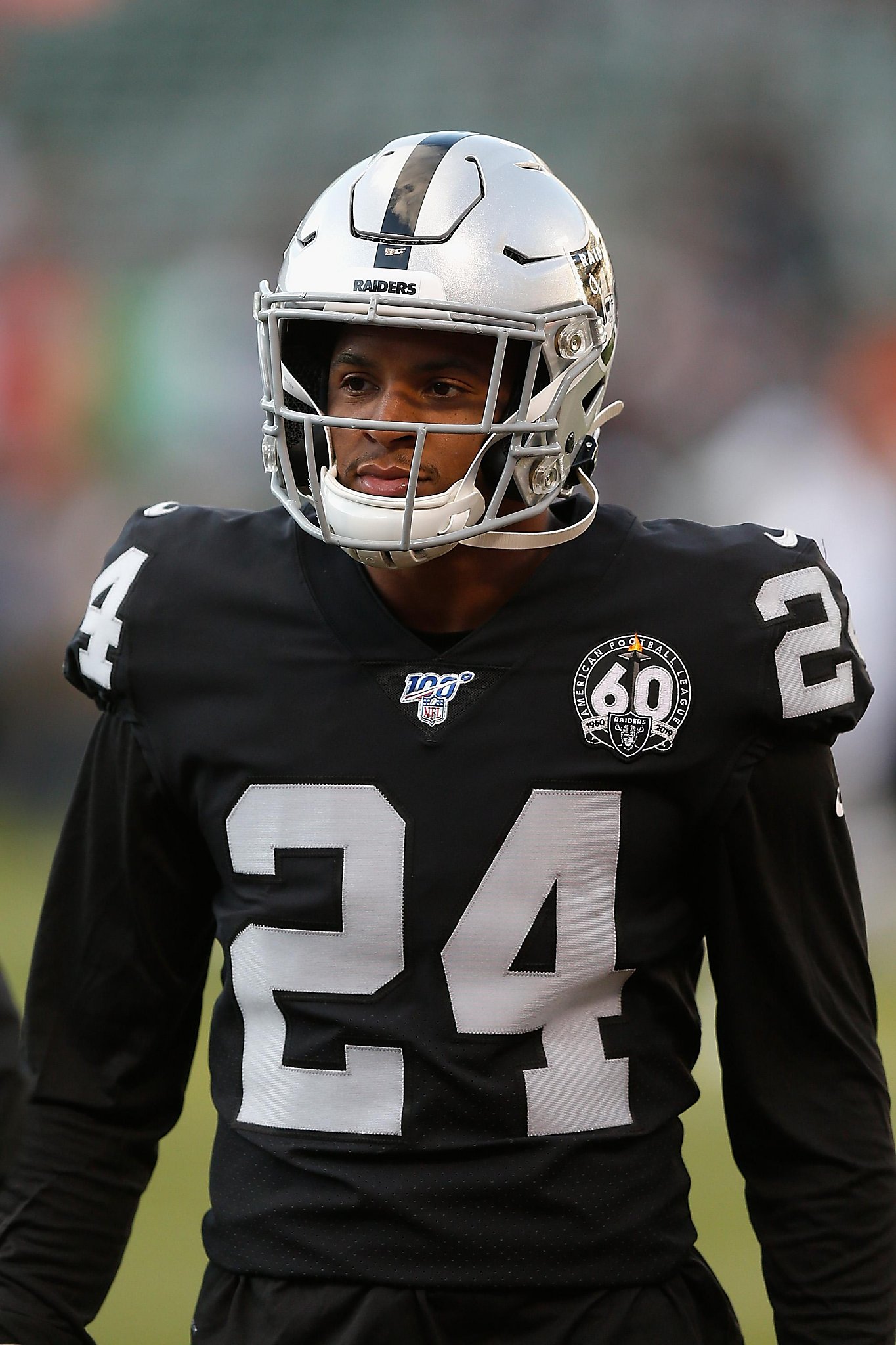 Las Vegas Raiders strong safety Johnathan Abram (24) warms up before the  start of an NFL footba …