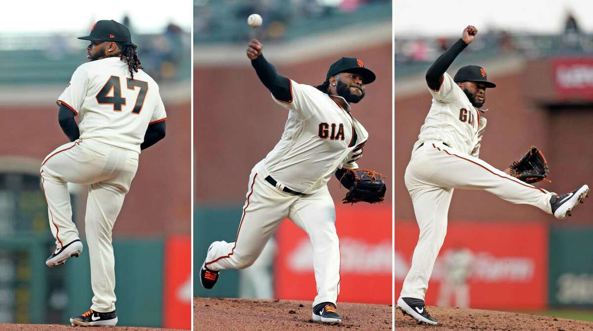 A composite image of San Francisco Giants' Johnny Cueto delivering a pitch against the Pittsburgh Pirates during MLB game at Oracle Park in San Francisco, Calif., on Tuesday, September 10, 2019.