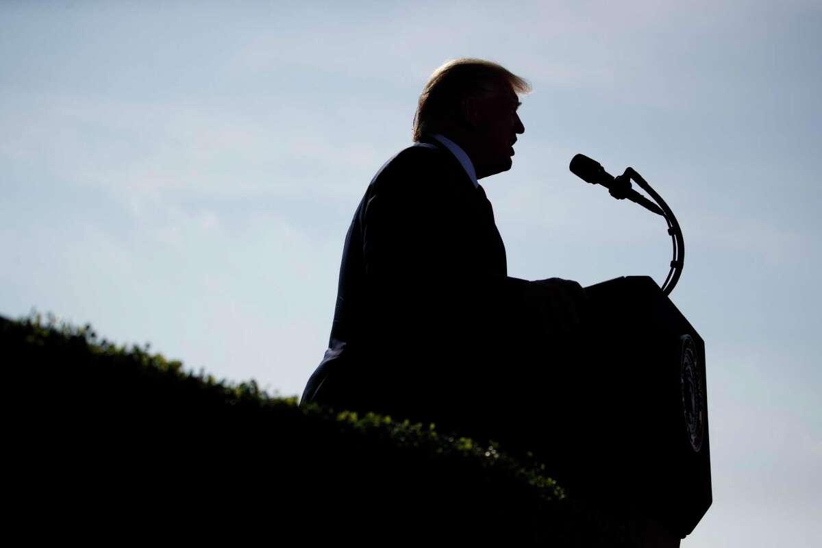 President Donald Trump speaks during a ceremony honoring the victims of the Sept. 11 terrorist attacks, Wednesday, Sept. 11, 2019, at the Pentagon. (AP Photo/Evan Vucci)