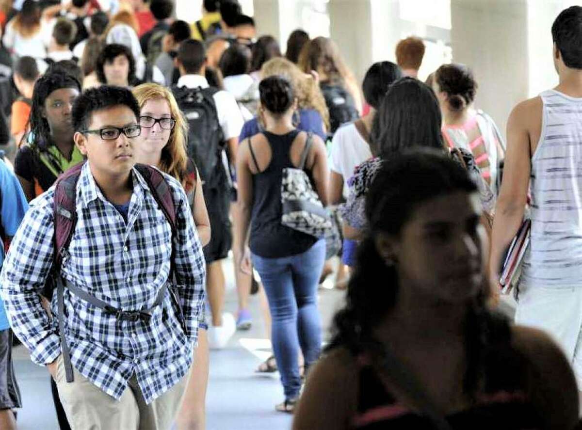 Students in the hallways between classes at Danbury High School,