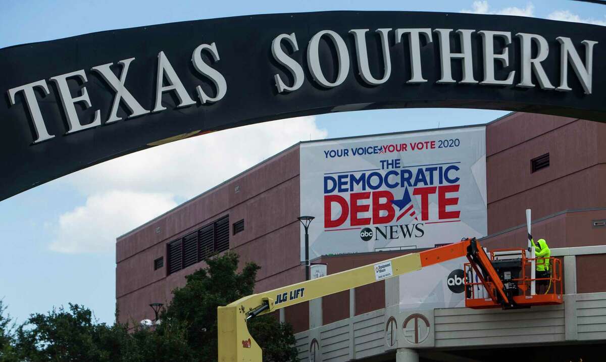 Signage is hung on the campus of Texas Southern University in Houston, Tuesday, Sept. 10, 2019. The university will host a Democratic presidential candidate debate on Thursday, September 12, 2019.