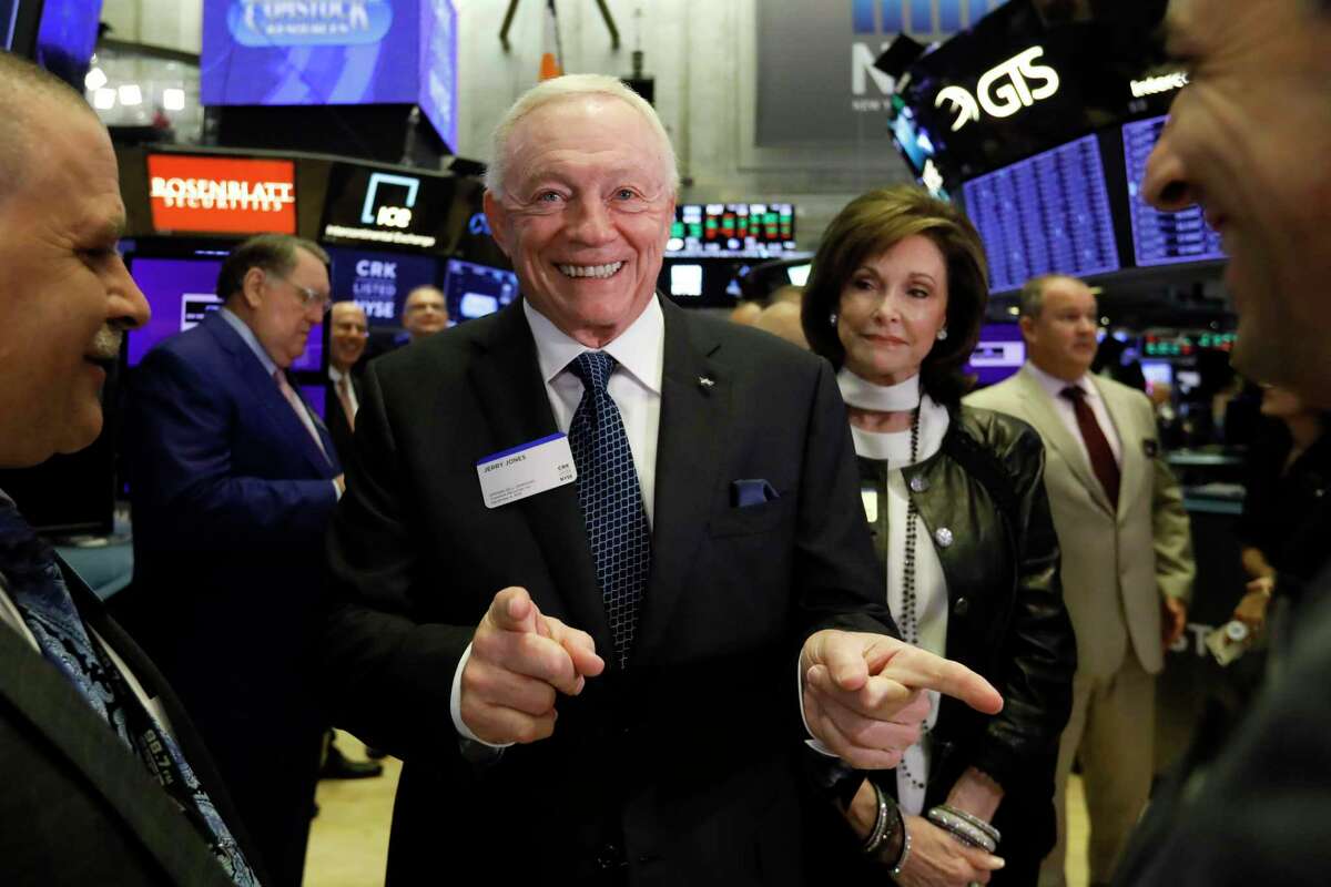 Dallas Cowboys owner, and major stockholder of Comstock Resources Jerry Jones, with wife Gene, visits the New York Stock Exchange trading floor before ringing the opening bell, Wednesday, Sept. 4, 2019. The company plans to drill four new wells in the natural gas-rich Haynesville Shale of East Texas.