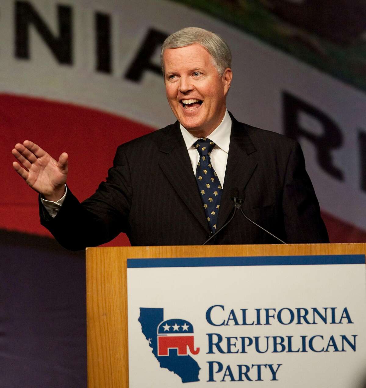 Former congressman Tom Campbell speaks during the California Republican Convention in Indian Wells, Calif., on Friday, Sept. 25, 2009. Campbell is running for Governor of California. (AP Photo/Francis Specker)