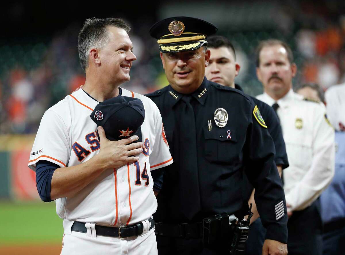 August 10, 2018: Houston Astros manager AJ Hinch (14) watches during a  Major League Baseball game between the Houston Astros and the Seattle  Mariners on 1970s night at Minute Maid Park in