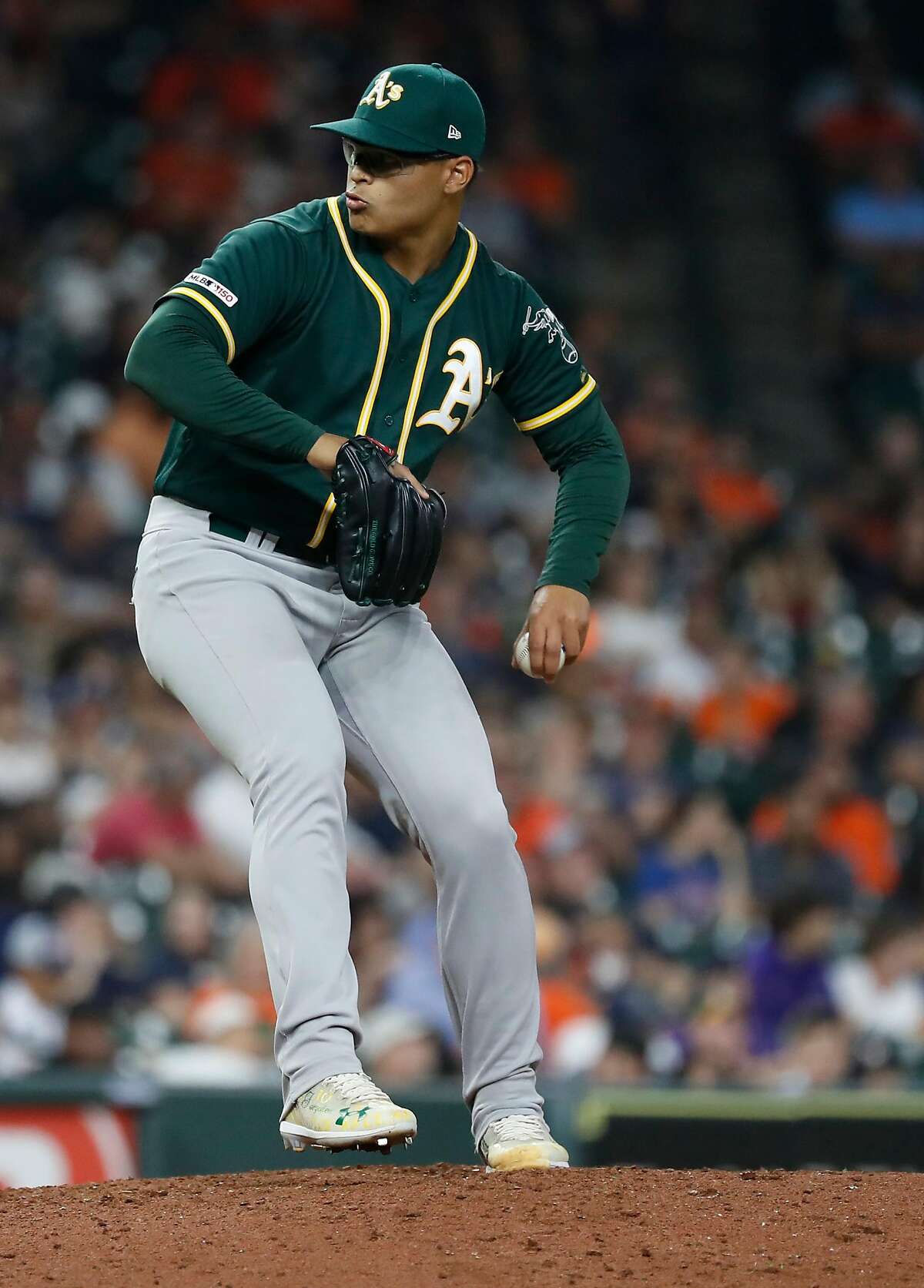 Oakland Athletics Jesus Luzardo (44) makes his big-league debut pitching during the sixth inning of a MLB baseball game at Minute Maid Park, Wednesday, Sept. 11, 2019, in Houston.