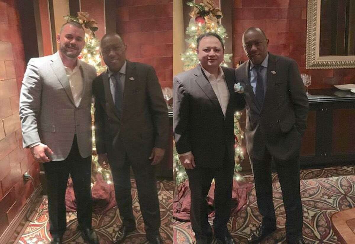 A composite of two images of Prime Social Poker Club co-owners Brandon Jimenez, left, and David Nguyen pose with Houston Mayor Sylvester Turner at a Dec. 18, 2018 meeting where they say they presented the club’s business model. Turner repeatedly said he has no recollection of such a meeting.