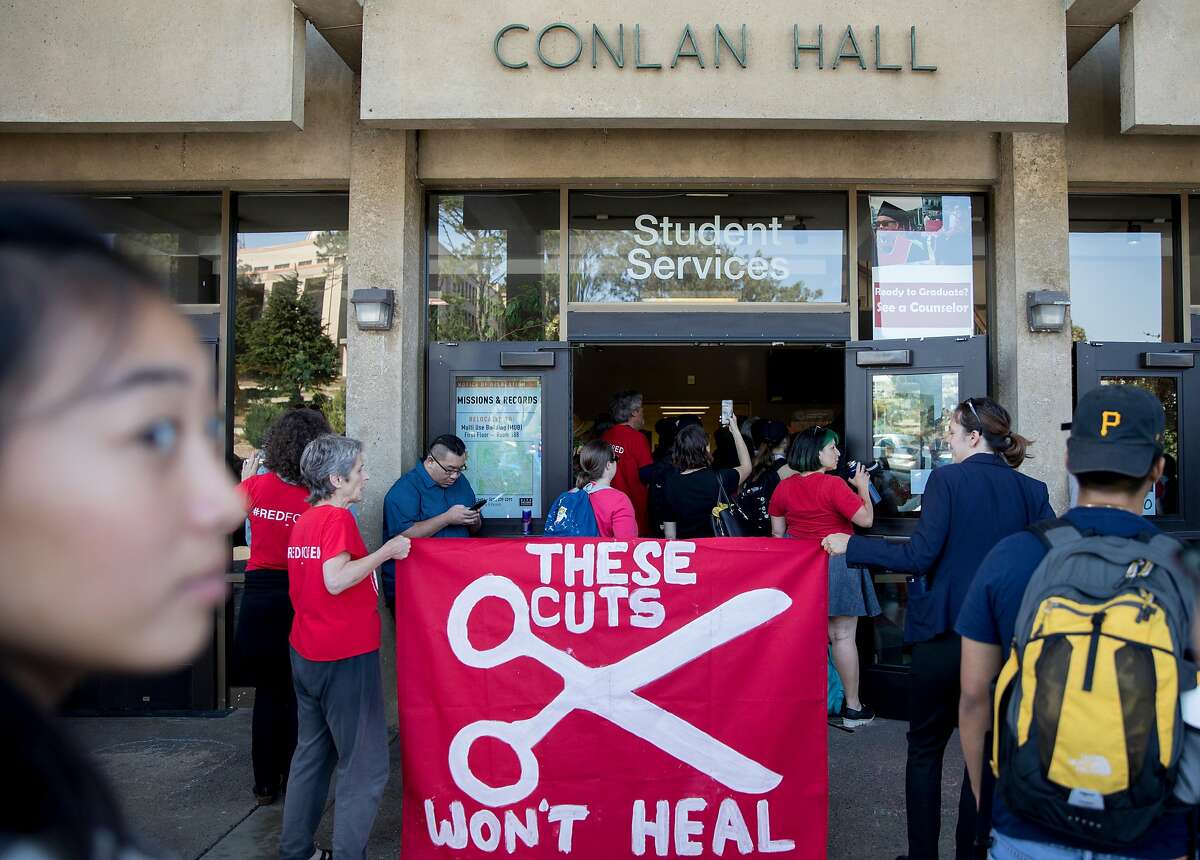 Students and faculty demonstrators gather inside and outside Conlan Hall to protest large executive raises amidst class cuts at City College of San Francisco's Conlan Hall in San Francisco, Calif. Thursday, September 12, 2019.