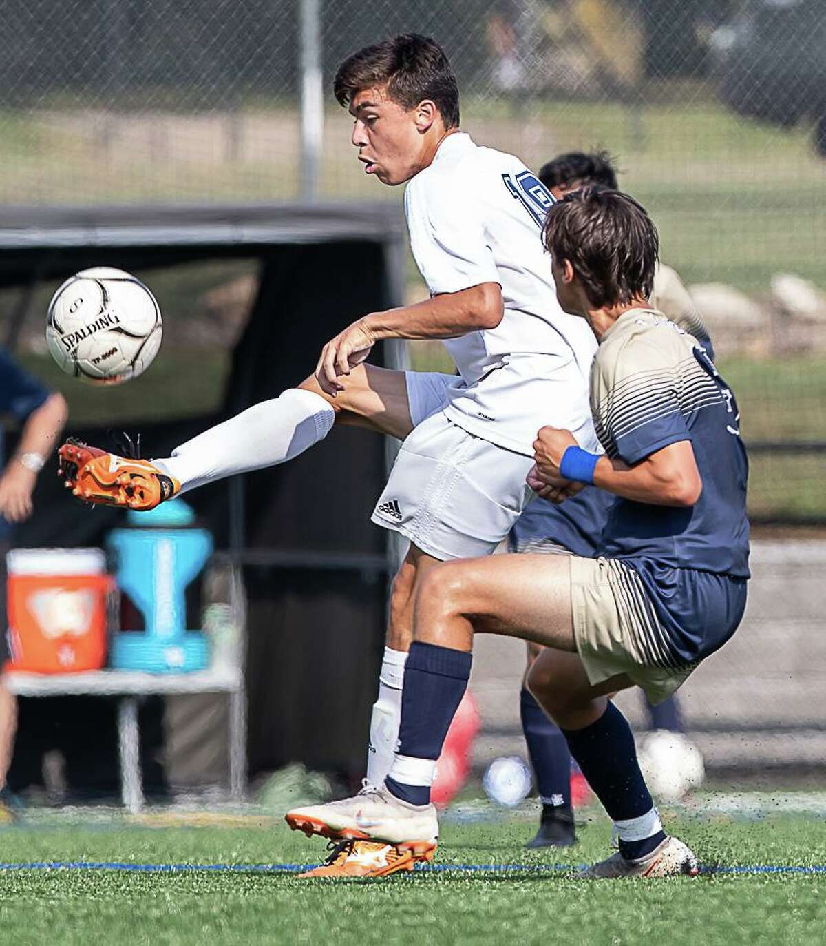 New Fairfield player Giovanni Linero works to get the ball up the field in the boys soccer match against Notre Notre Dame of Fairfield High School in Fairfield on Sept. 6, 2018.