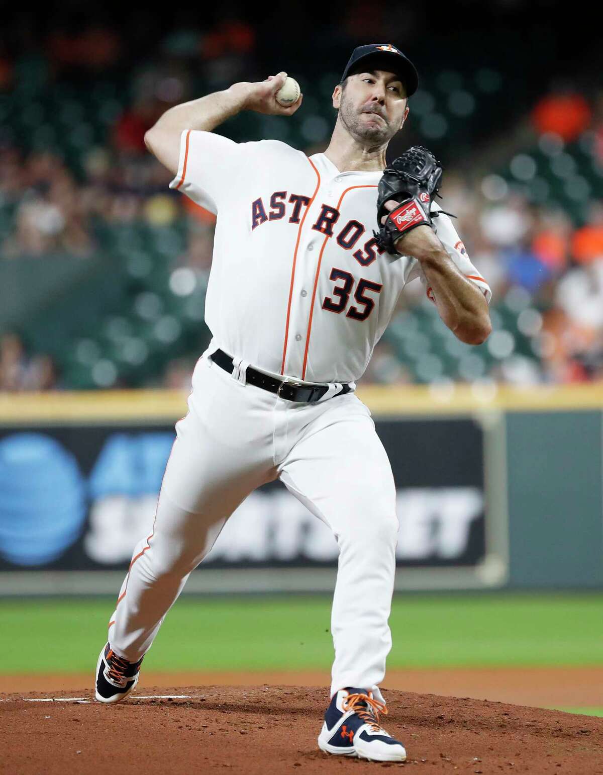 Houston Astros starting pitcher Justin Verlander (35) pitches in the first inning of a MLB baseball game at Minute Maid Park, Thursday, Sept. 12, 2019, in Houston.