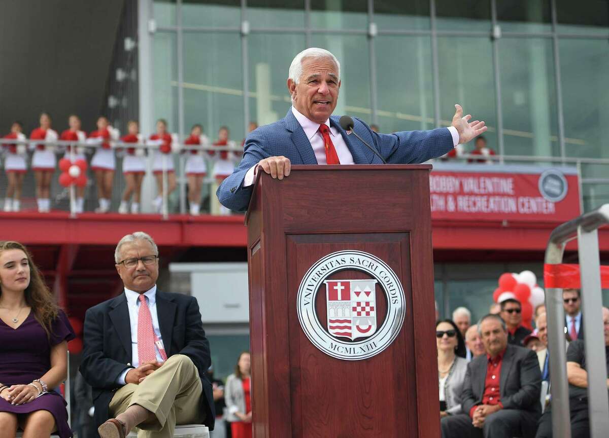 Sacred Heart University Athletic Director and former major league baseball player and manager Bobby Valentine speaks at the grand opening of the new Bobby Valentine Health & Recreation Center at the school in Fairfield, Conn. on Tuesday, August 27, 2019. At left is university President John Petillo.