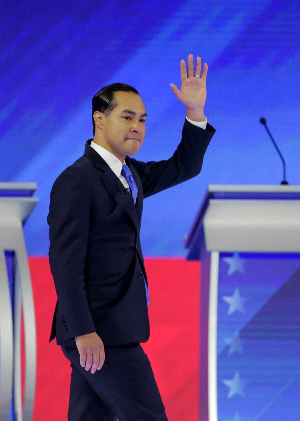 Democratic presidential candidate Former Housing Sec. Julian Castro is welcomed to the stage during the Democratic presidential debate inside Texas Southern University's Health & PE Arena in Houston, Thursday, Sept. 12, 2019.
